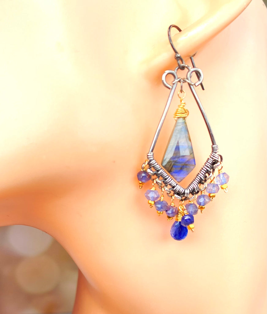 Blue Gemstone Statement Chandelier Earrings Oxidized Sterling Silver Blue Labradorite, Iolite, Kyanite