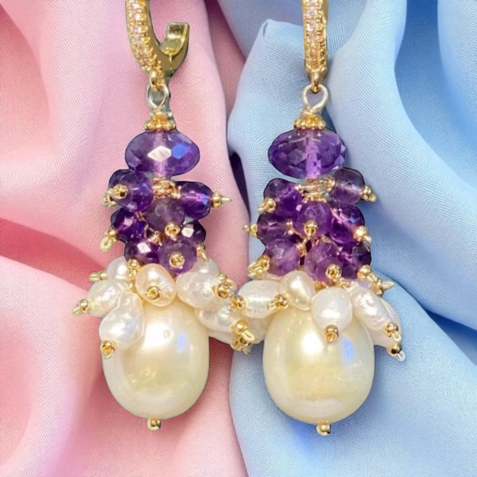 Amethyst Cluster Ivory Baroque Pearl Earrings