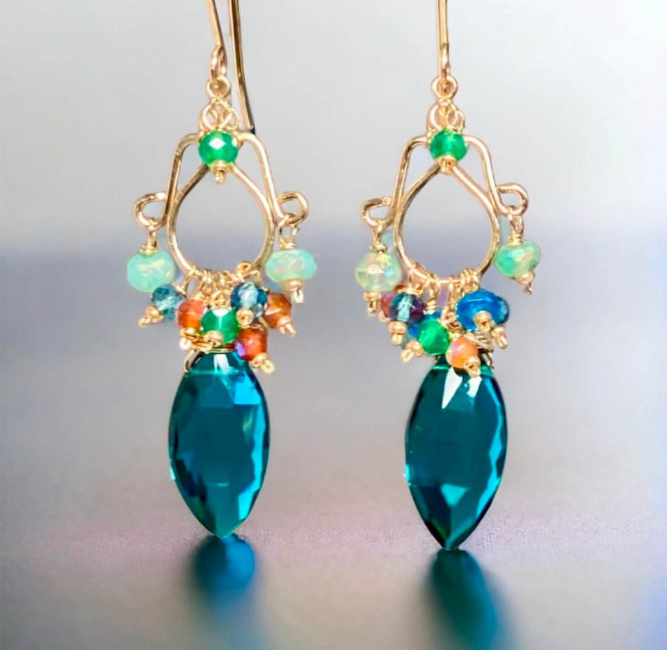 Teal and Multicolor Gemstone Chandelier Earrings Gold Fill