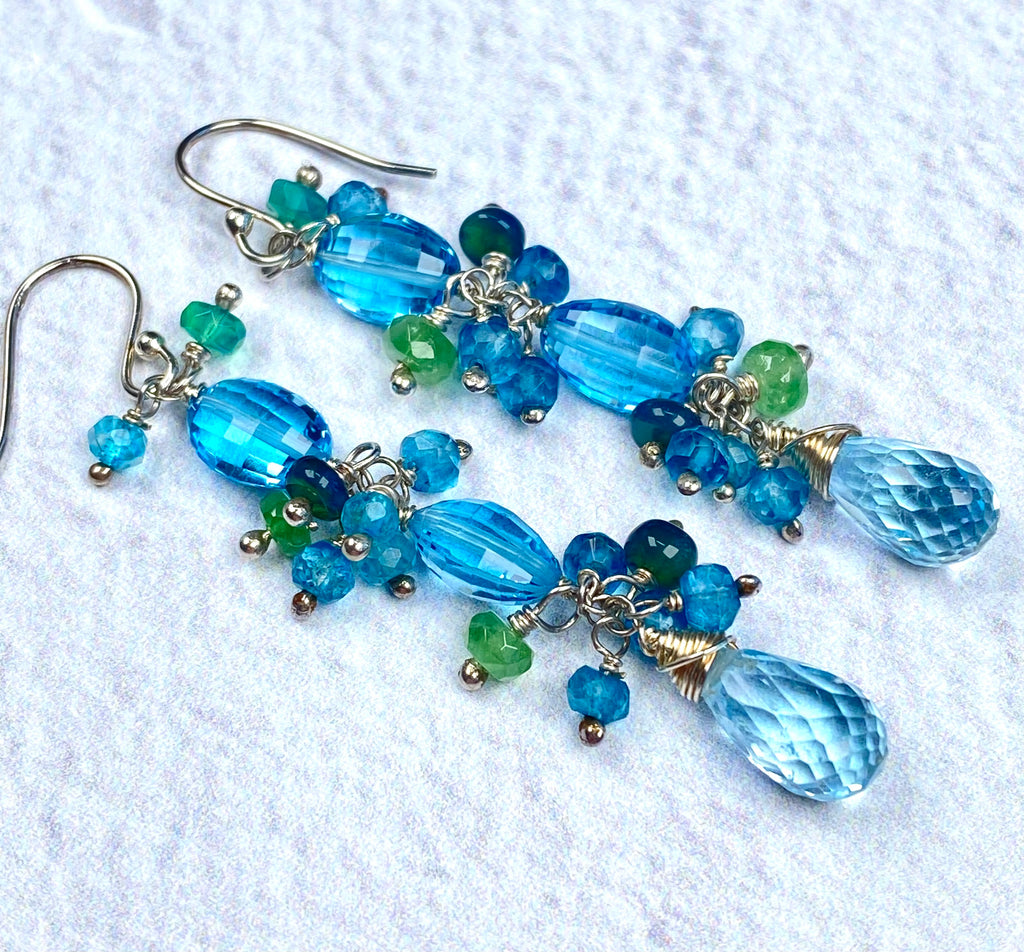 Swiss Blue Topaz & Ethiopian Opal Cluster Earrings, Sterling Silver