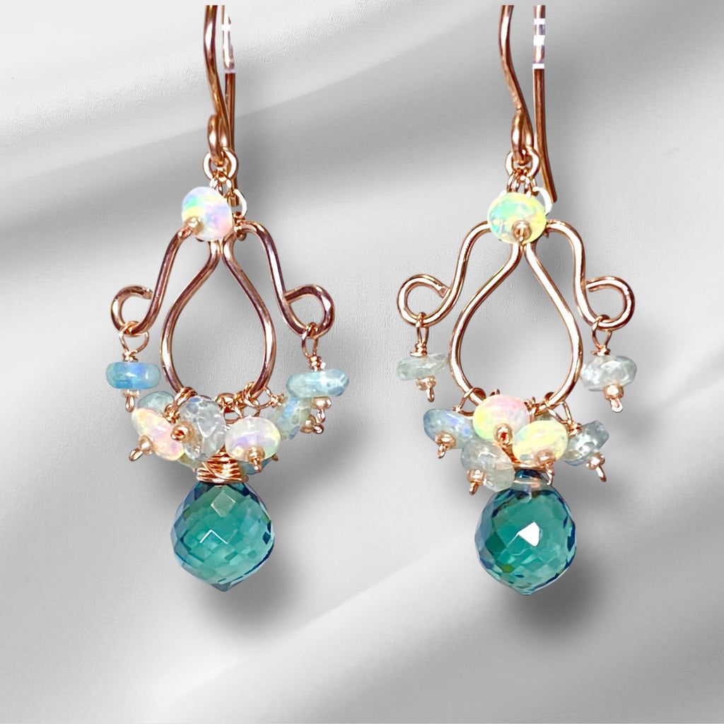Opal and Aquamarine Chandelier Earrings, Rose Gold 2