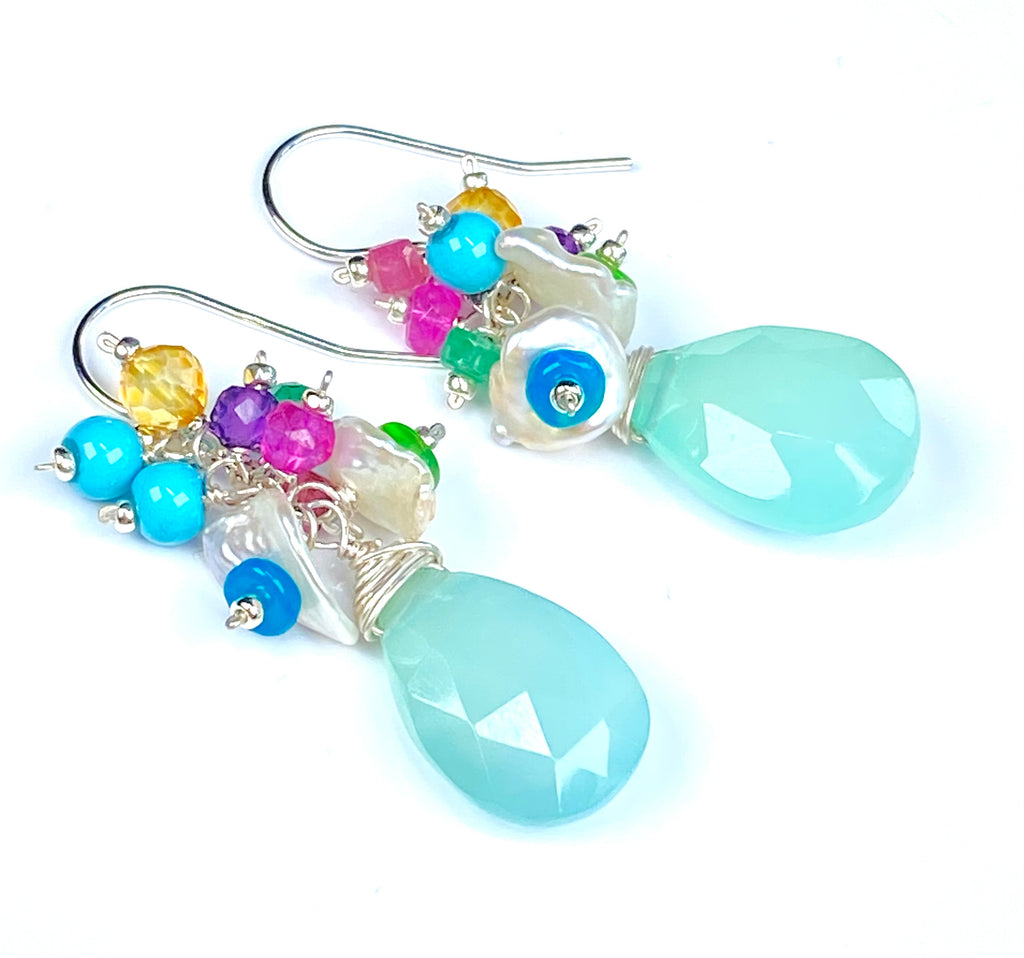 Aqua Chalcedony Multicolor Cluster Earrings Sterling Silver