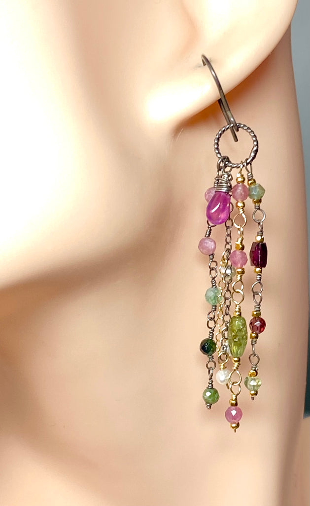 Pink Sapphire, Pink and Green Tourmaline Gemstone Long Dangle Earrings