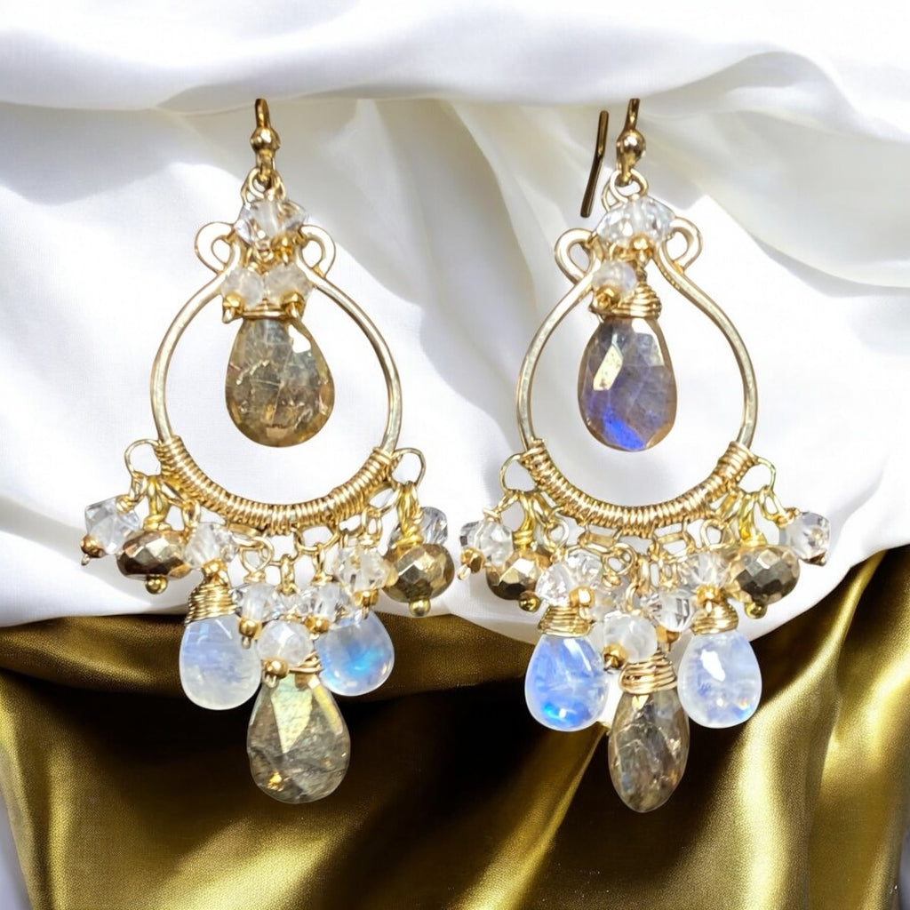 Rainbow Moonstone Gold Labradorite Chandelier Hoop Earrings Gold Fill