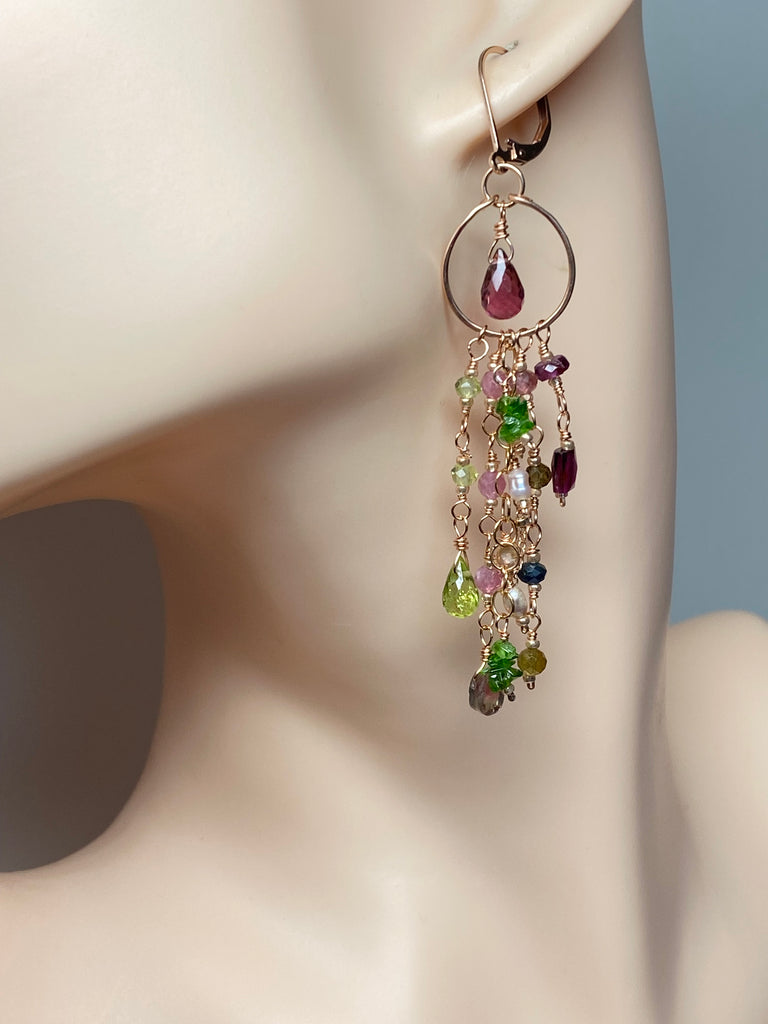 Rubellite Tourmaline Multicolor Gemstone Long Boho Dangle Earrings Rose Gold