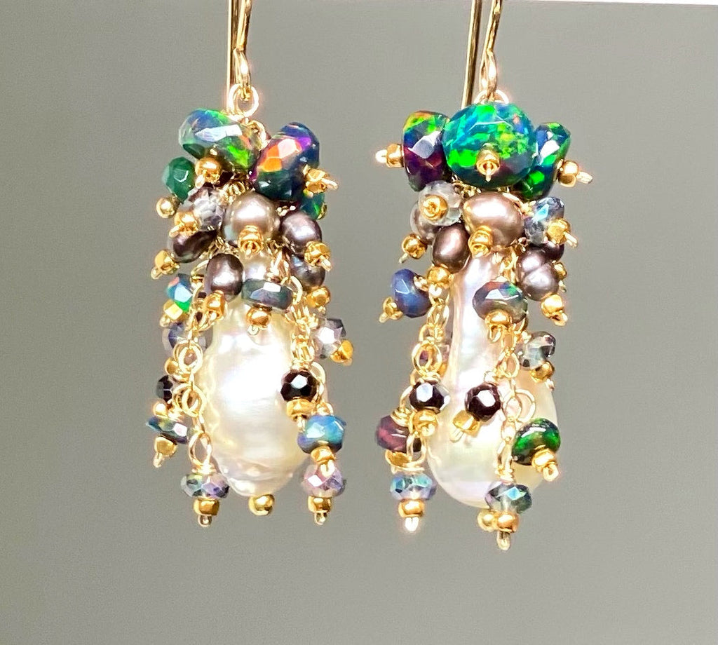 Baroque Pearl Earrings with Fiery Black Ethiopian Opals 2