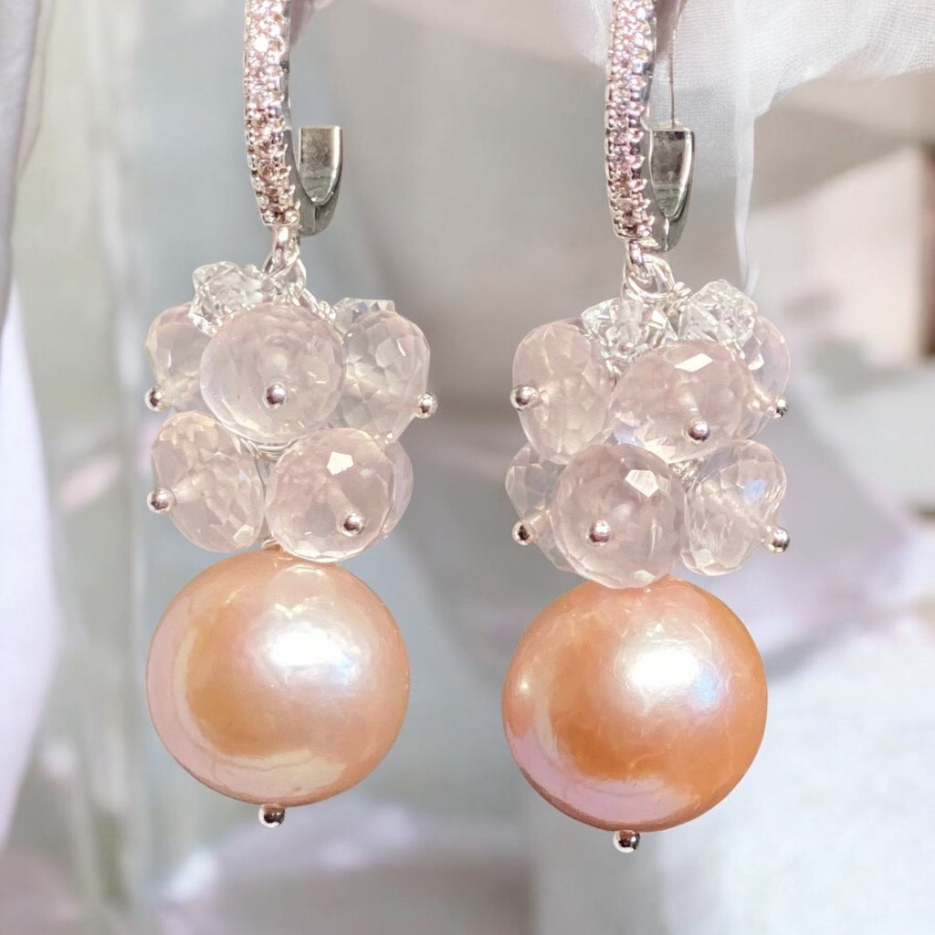 Round Pink Pearl Earrings with Rose Quartz Clusters