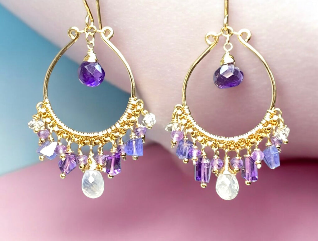 Blue Violet Purple Gold Fill Hoop Chandelier Earrings with Moonstone