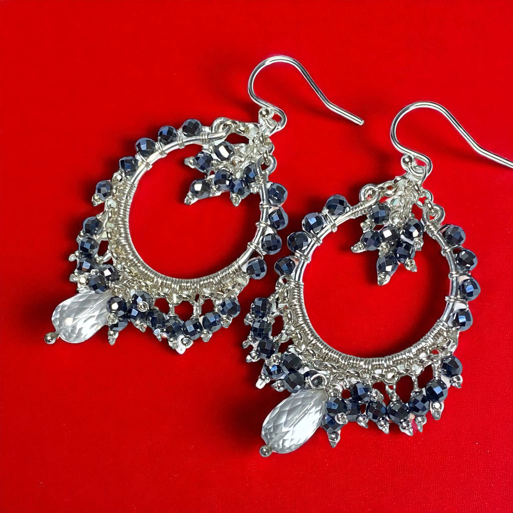 Black Gemstone Chandelier Hoop Earrings Sterling Silver