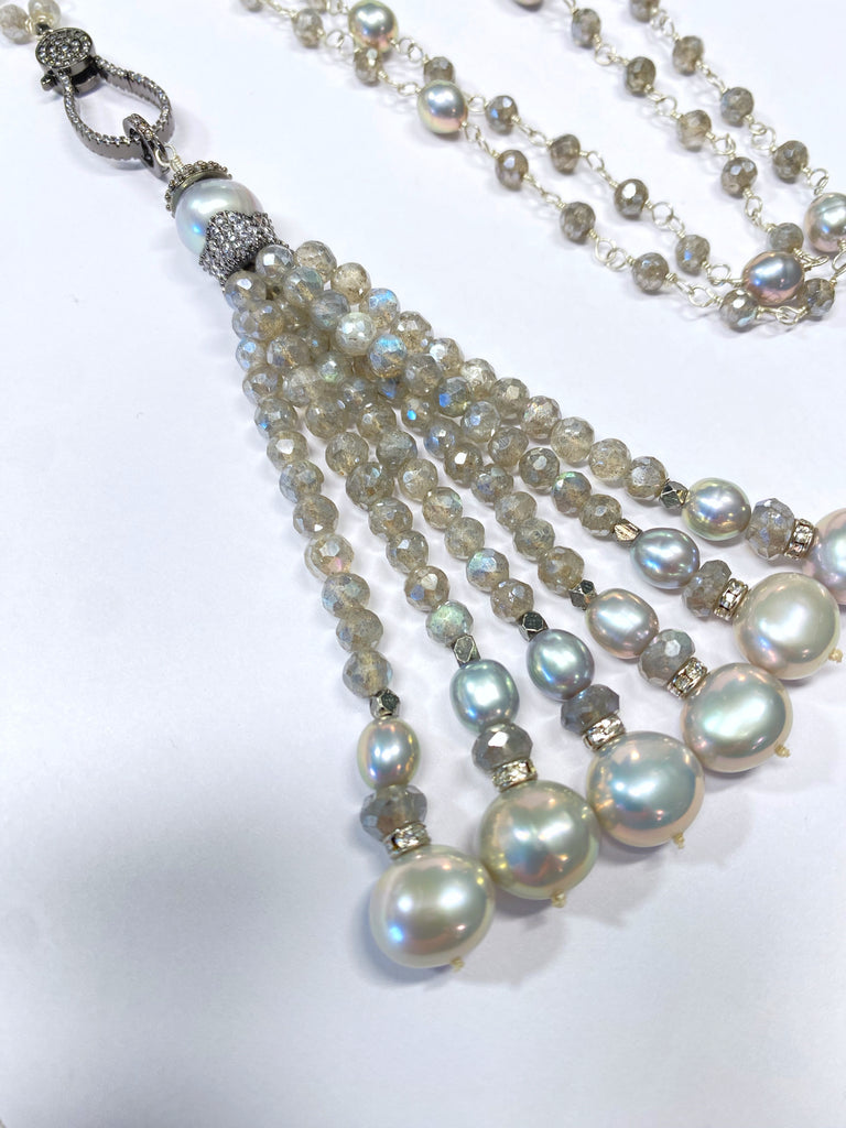 Mystic Labradorite Beaded Tassel Necklace Wire Wrap Sterling Silver