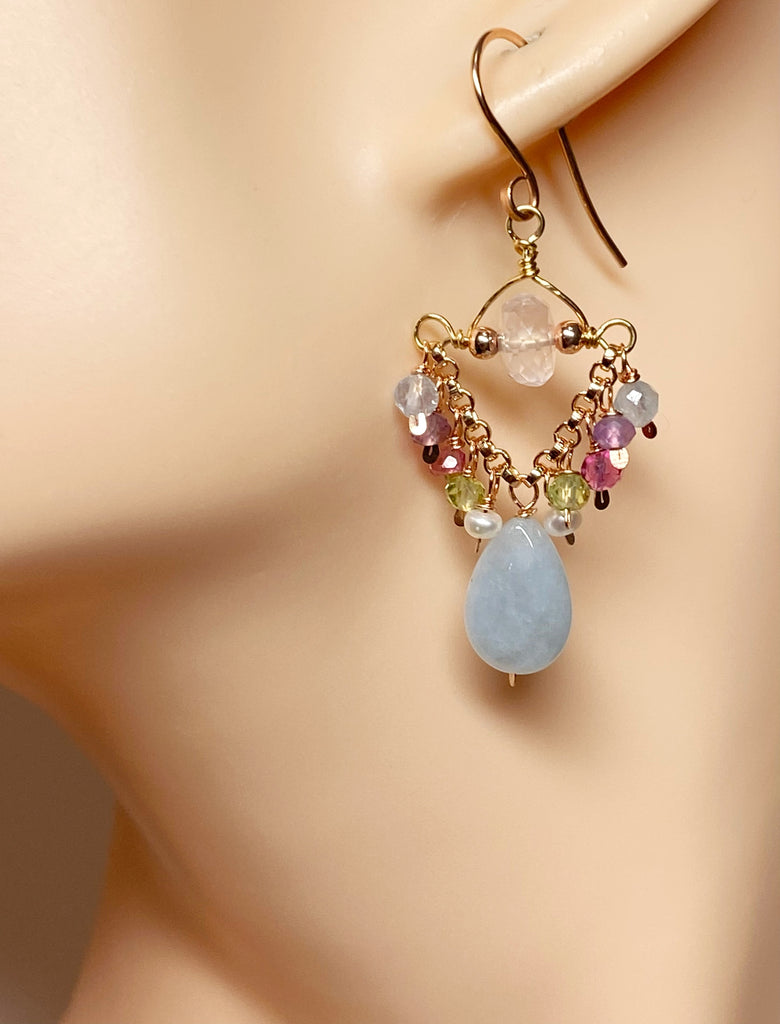 Blue Aquamarine, Rose Quartz, Rose Gold Petite Chandelier Earrings