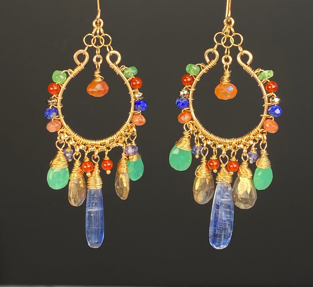 Kyanite and Carnelian Multicolor Gemstone Chandelier Earrings in Gold Fill - Doolittle