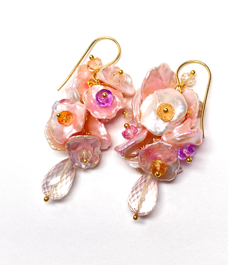 Padparadscha Sapphire Keishi Pearl Dangle Earrings with Rose Quartz Gold Fill - Doolittle