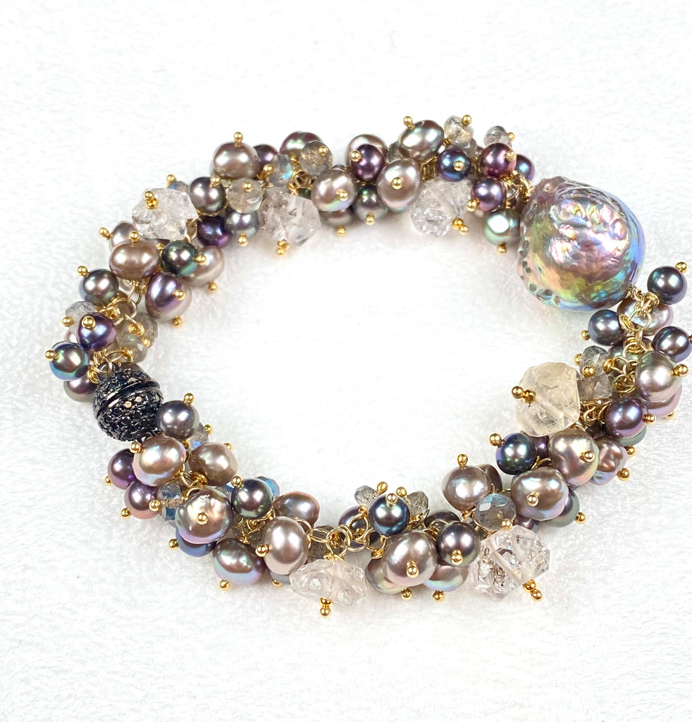 Silver Grey Baroque Pearl Cluster Bracelet — Herkimer Quartz & Labradorite