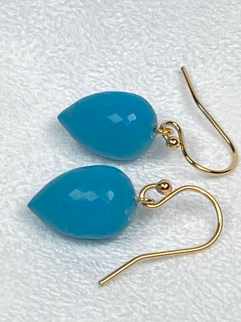 Turquoise Micro Faceted Briolette Long Drop Earrings 14k Gold Fill