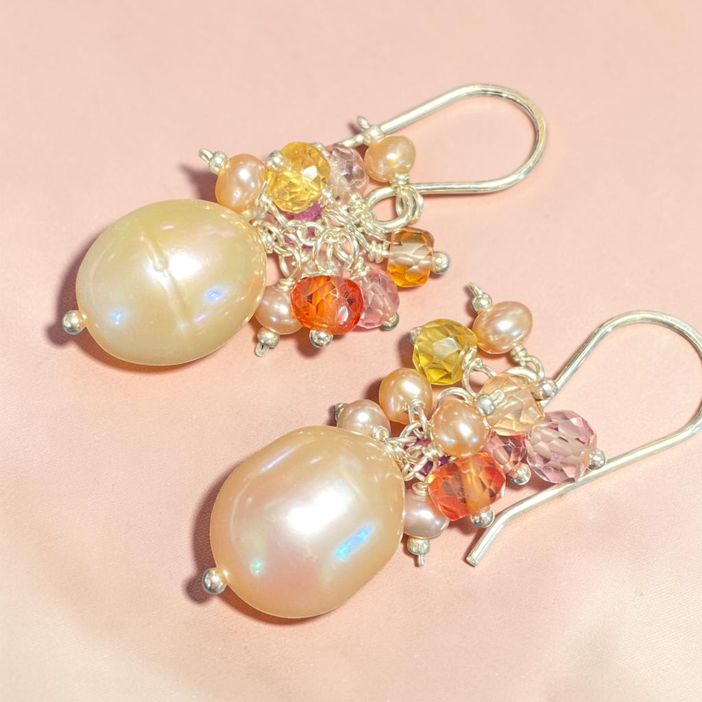 Blush Pink Pearl Cluster Earrings with Padparadscha Sapphires, Sterling Silver