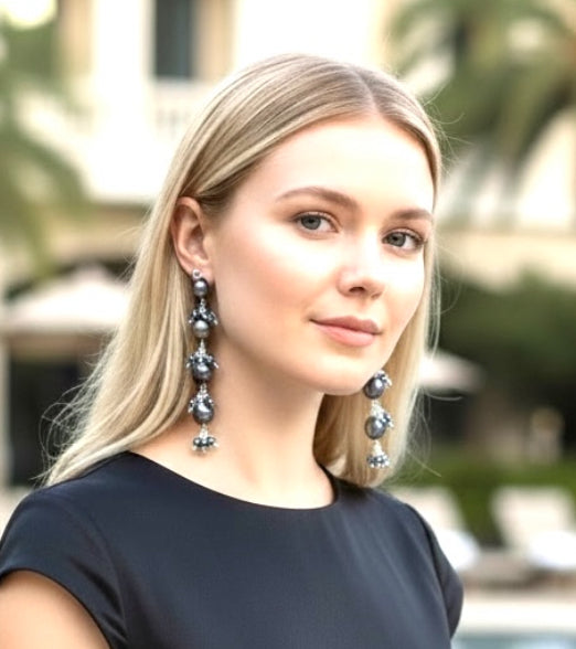 Black Peacock Pearl and Black Terahertz Long Dangle Earrings Sterling Silver - Doolittle