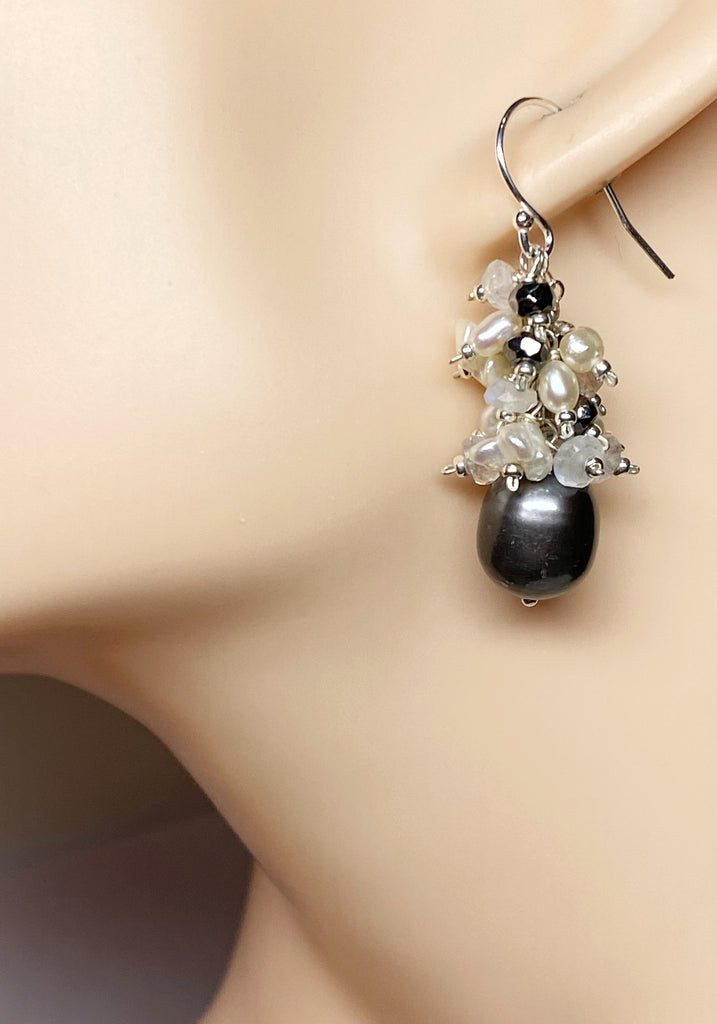 Black Grey Pearl Earrings with Moonstone Keishi Pearl and Black Sparkly Clusters