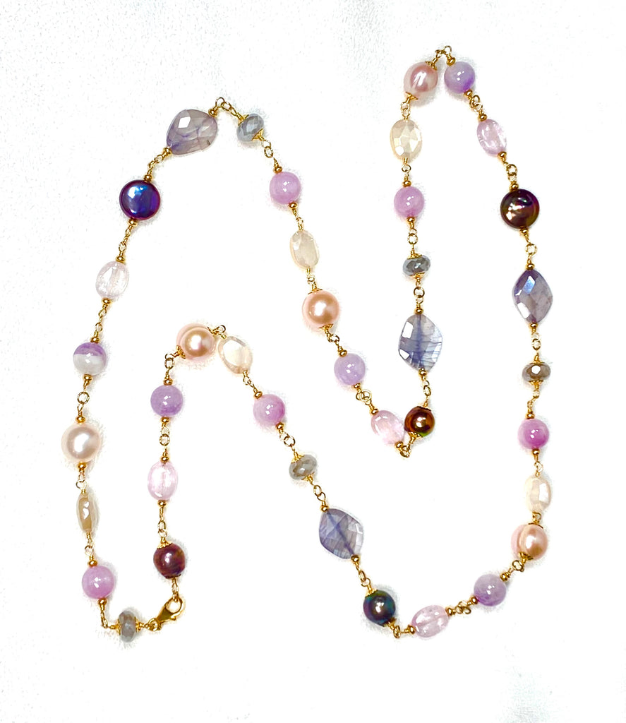 Long Multicolor Gem Stone Necklace Gold, Kunzite, Blue Sapphire, Moonstone, Pearl