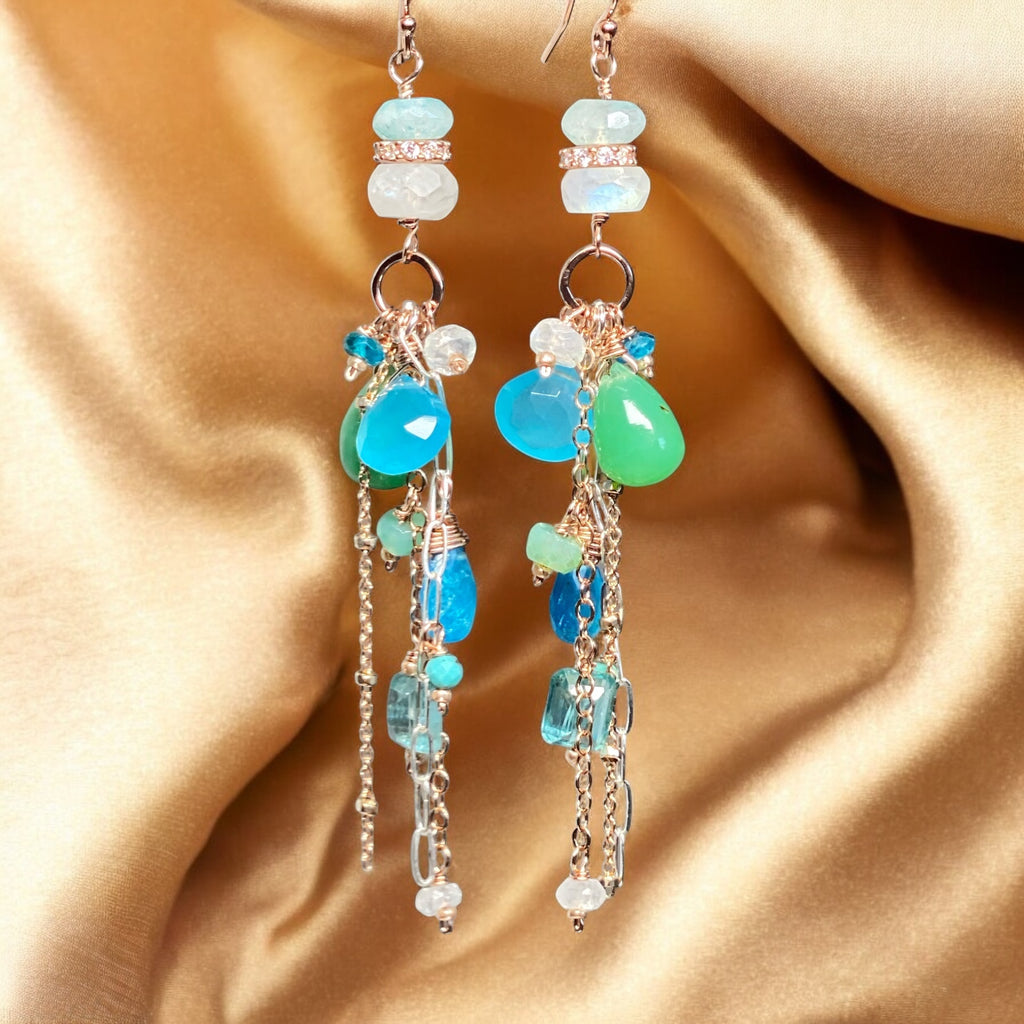 Rose Gold Long Boho Dangle Earrings Mixed Metal with Chrysoprase, Blue Chalcedony and Moonstone