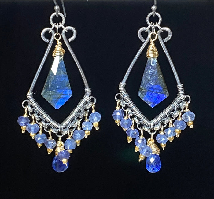 Blue Gemstone Statement Chandelier Earrings Oxidized Sterling Silver Blue Labradorite, Iolite, Kyanite