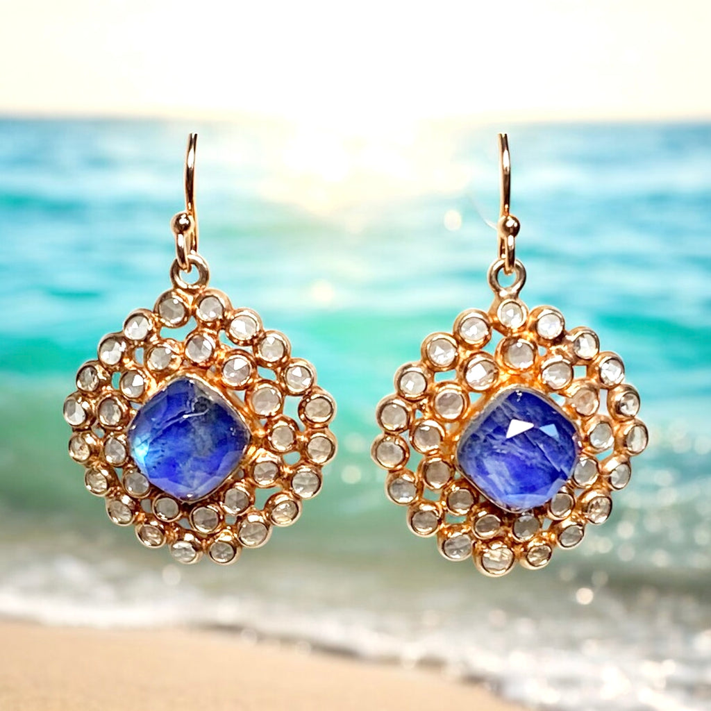 Rose Gold Earrings Pave White Topaz Kyanite Dangle Blue & White