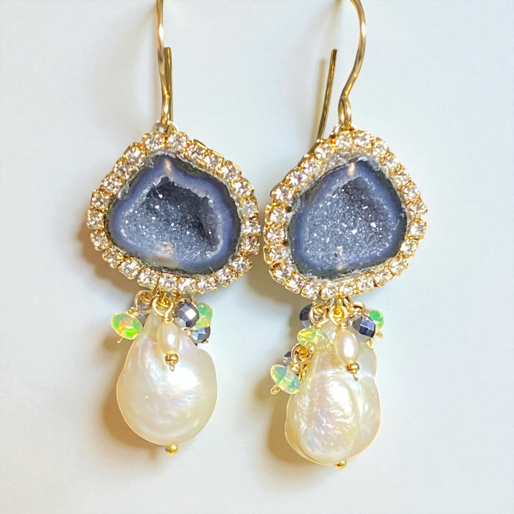 Black Tabasco Geode Earrings with White Baroque Pearls and Opal Clusters