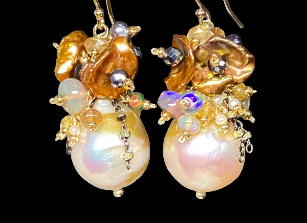 Pond Slime Gold White Pearl Earrings with Black Opals Golden Keishi Pearl Clusters