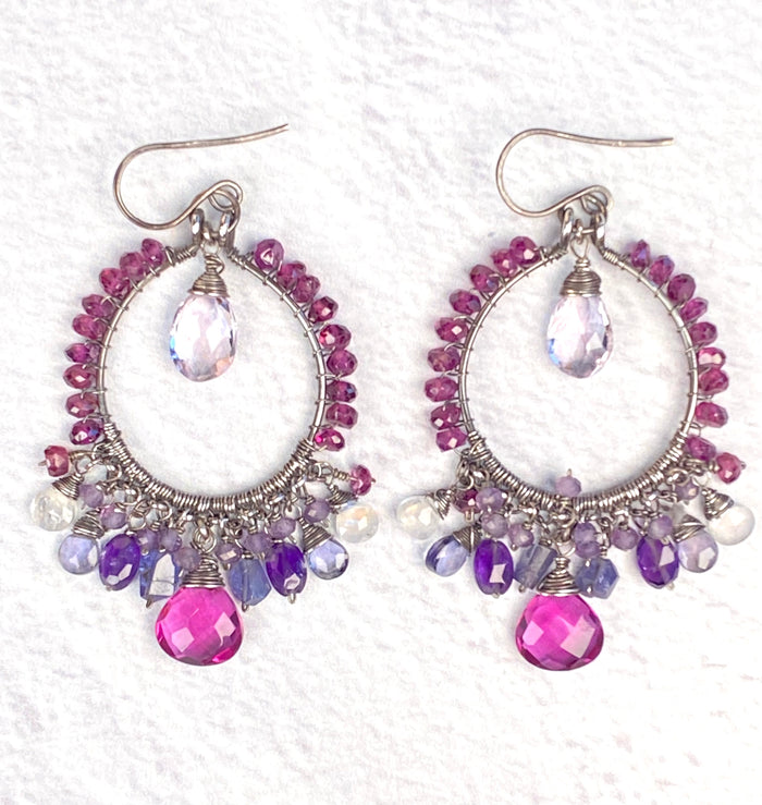 Rhodolite Garnet and Blue Violet Gemstone Chandelier Hoop Earrings - Doolittle
