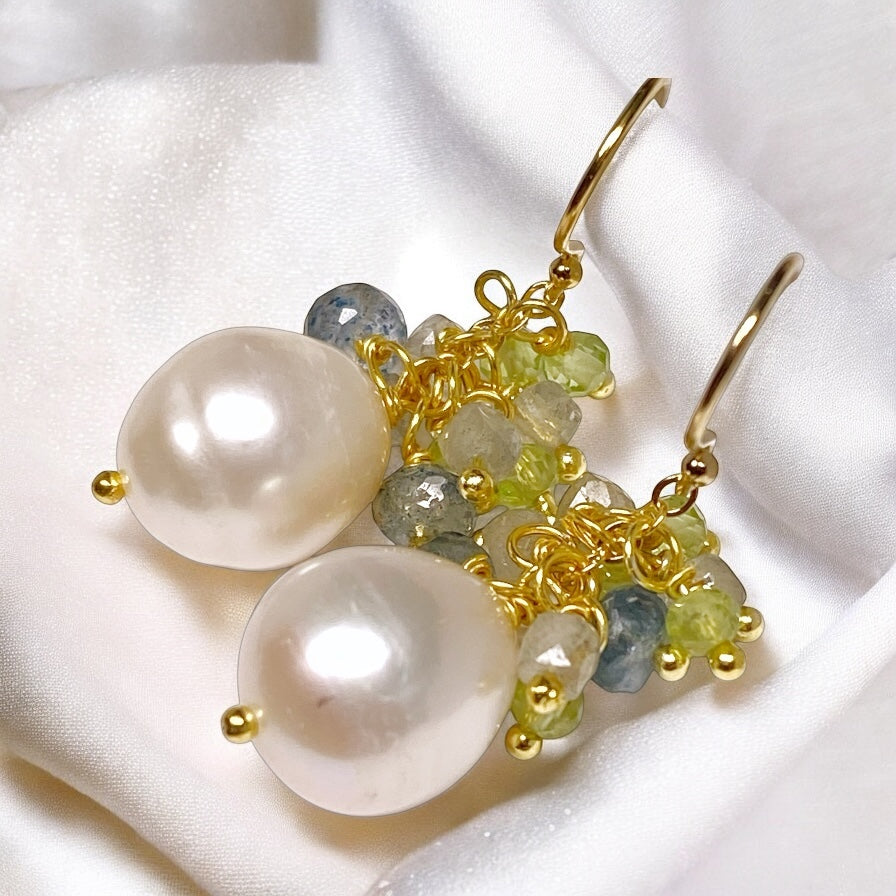 Pearl and Aquamarine, Labradorite, Peridot Cluster Earrings Gold Fill