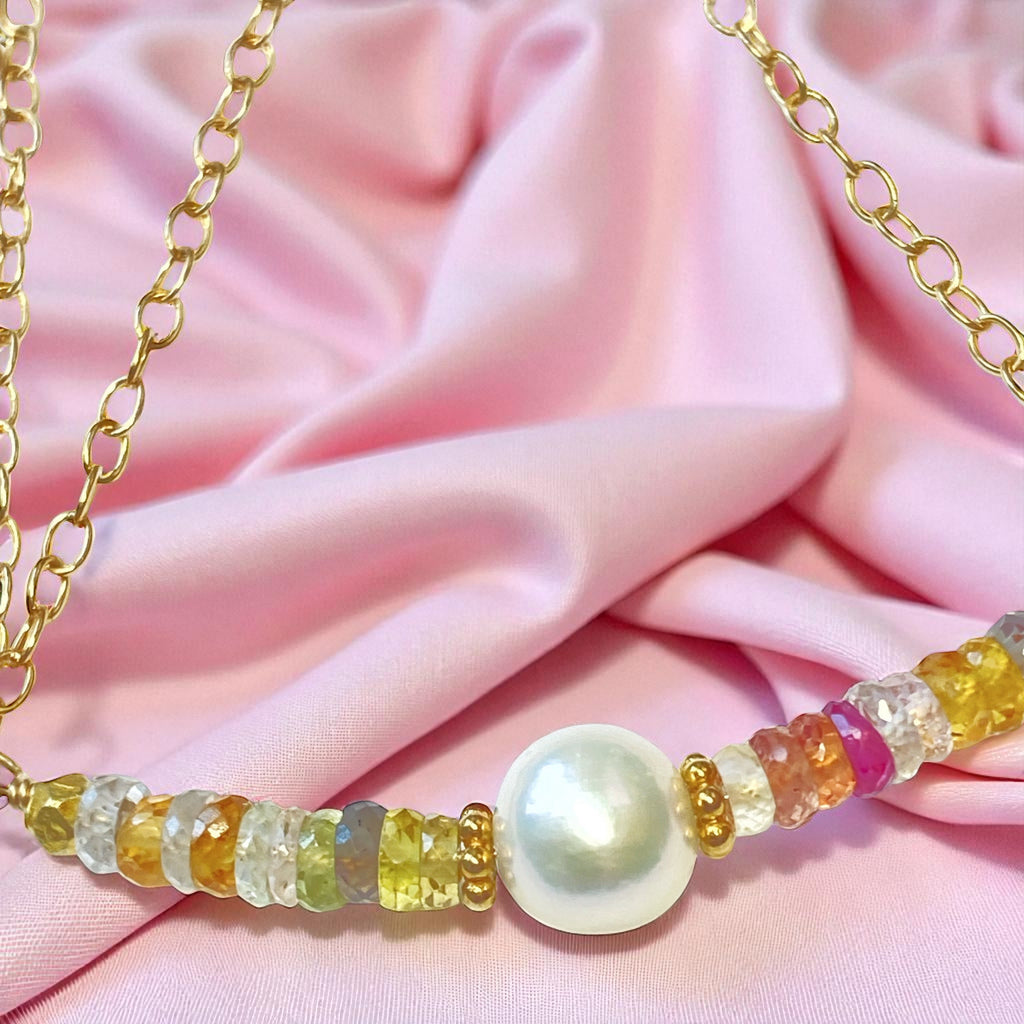 Sapphire Bar Necklace Gold Pastel Gemstone and Pearl Dainty Choker