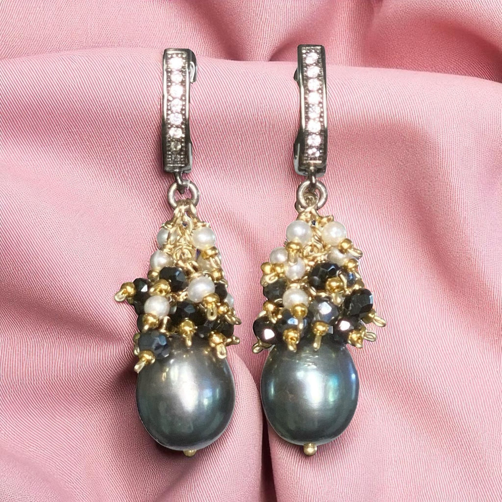 Black Pearl Earrings with White Pearl and Black Spinel Clusters Lever Back