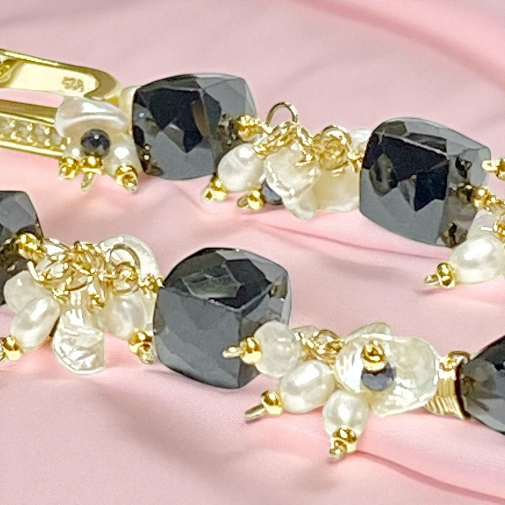 Black Spinel White Pearl Long Dangle Earrings