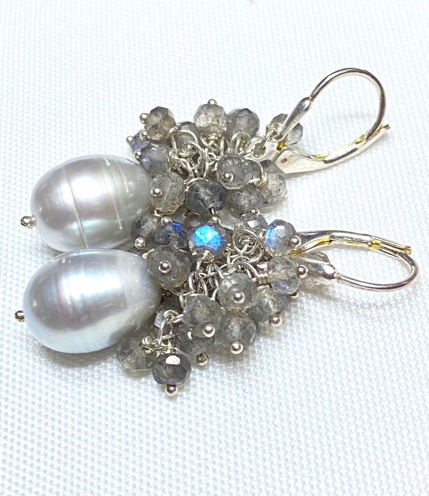 Silver Grey Pearl and Labradorite Cluster Earrings Sterling Silver - Doolittle