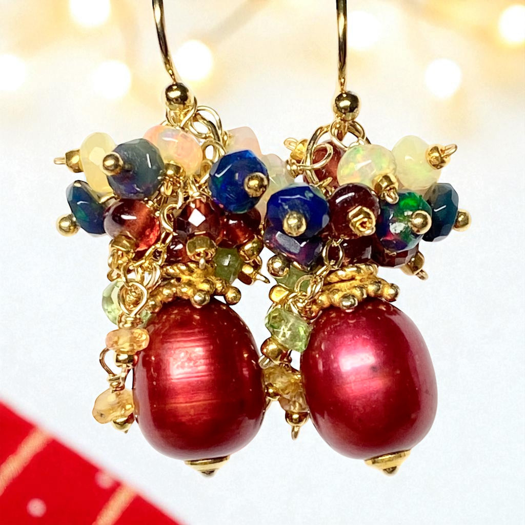 Red Pearl, Opal and Garnet Cluster Earrings Gold Fill 2