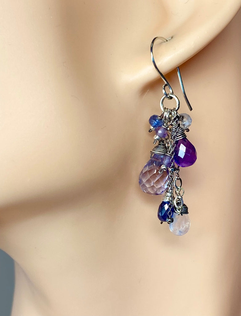 Blue Violet Boho Dangle Earrings Amethyst, Blue Denim Quartz, Oxidized Sterling Silver