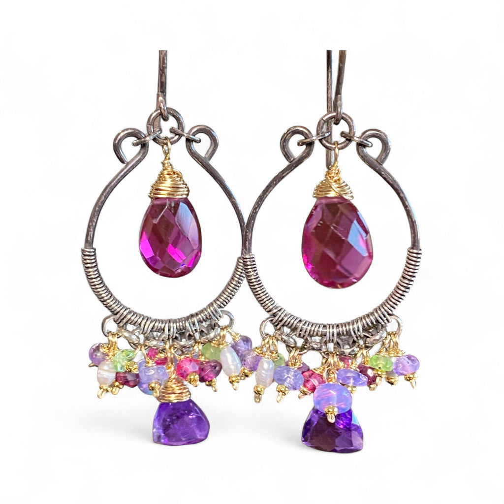 Blue Violet Gemstones Oxidized Silver Hoop Chandelier Earrings