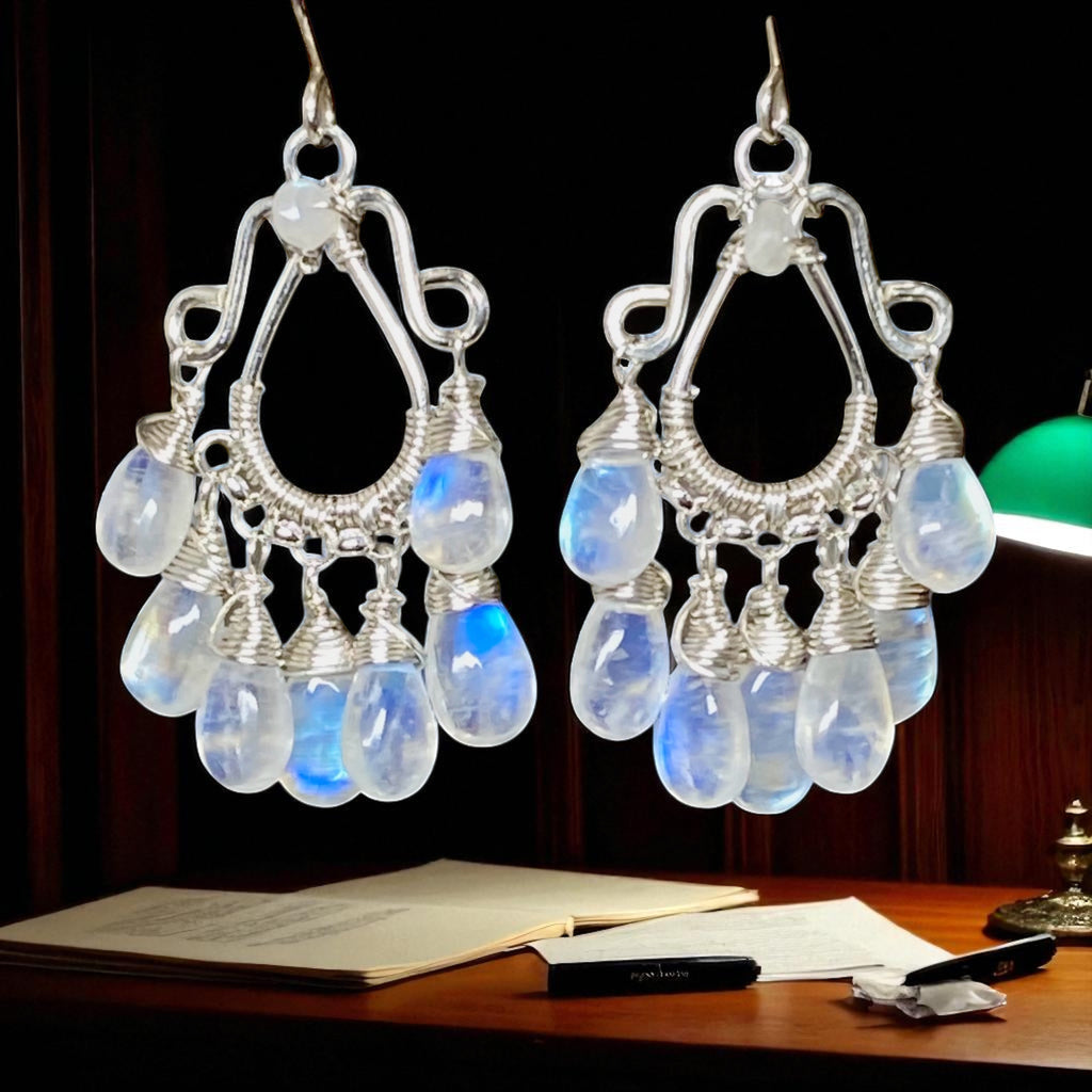 Rainbow Moonstone Sterling Silver Chandelier Statement Earrings