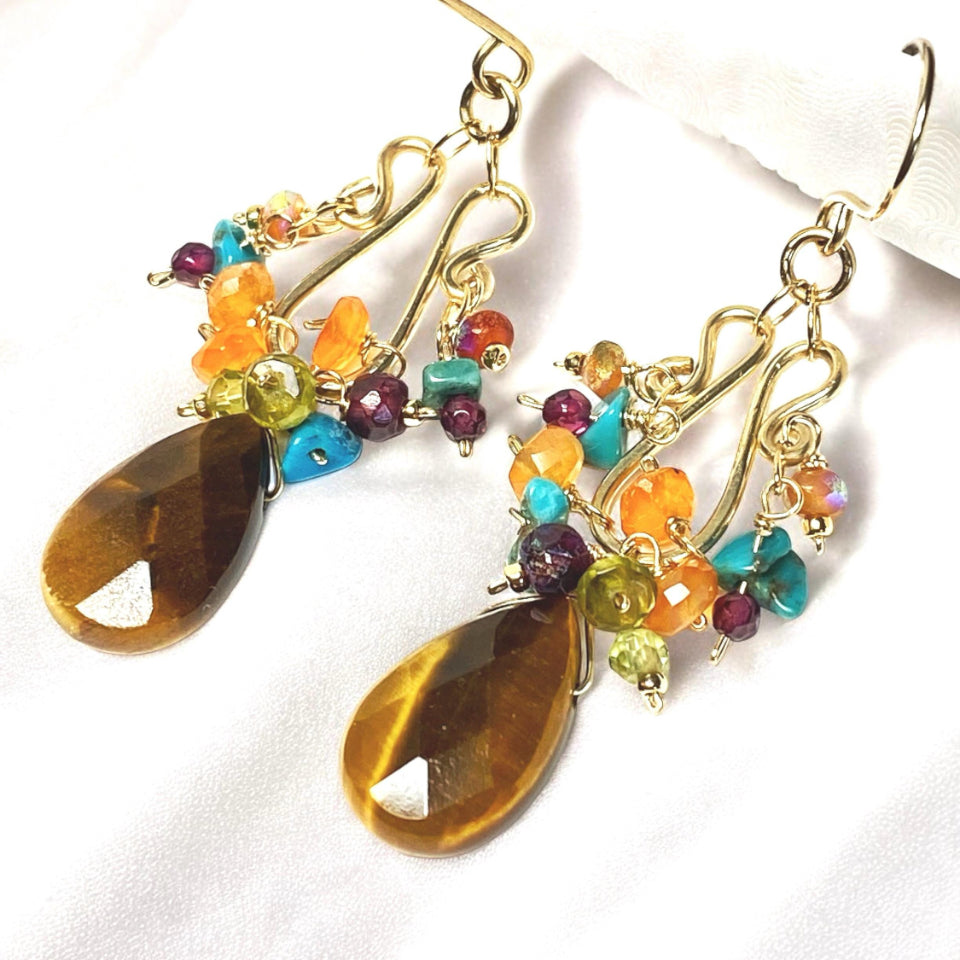 Tiger Eye Multicolor Gemstone Gold Chandelier Earring