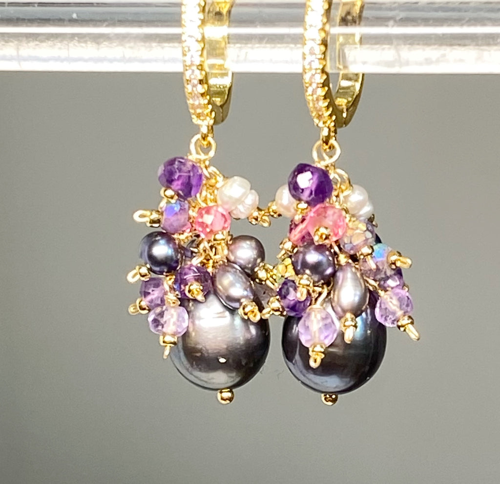 Black Peacock Pearl Earrings Amethyst and Pink Gemstone Clusters Gold Fill