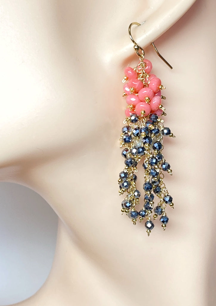 CUSTOM ORDER for Sandra H - Pearl, Coral and Black Cluster Earrings Gold Fill