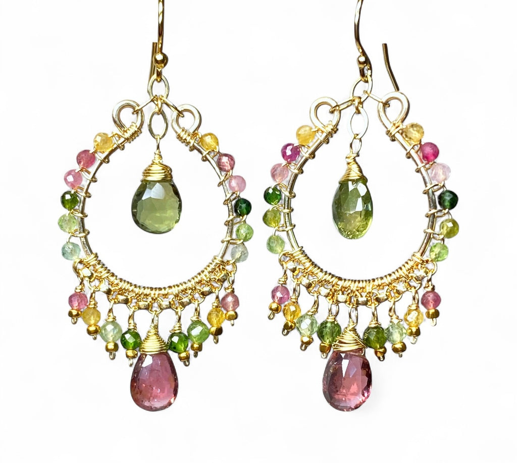 Tourmaline Gemstone Chandelier Hoop Earrings Gold Fill 2