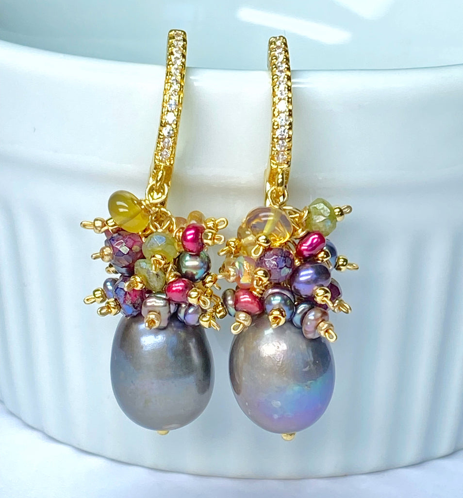 Grey Pearl Earrings with Colorful Gemstone Clusters in 14 kt Gold Fill