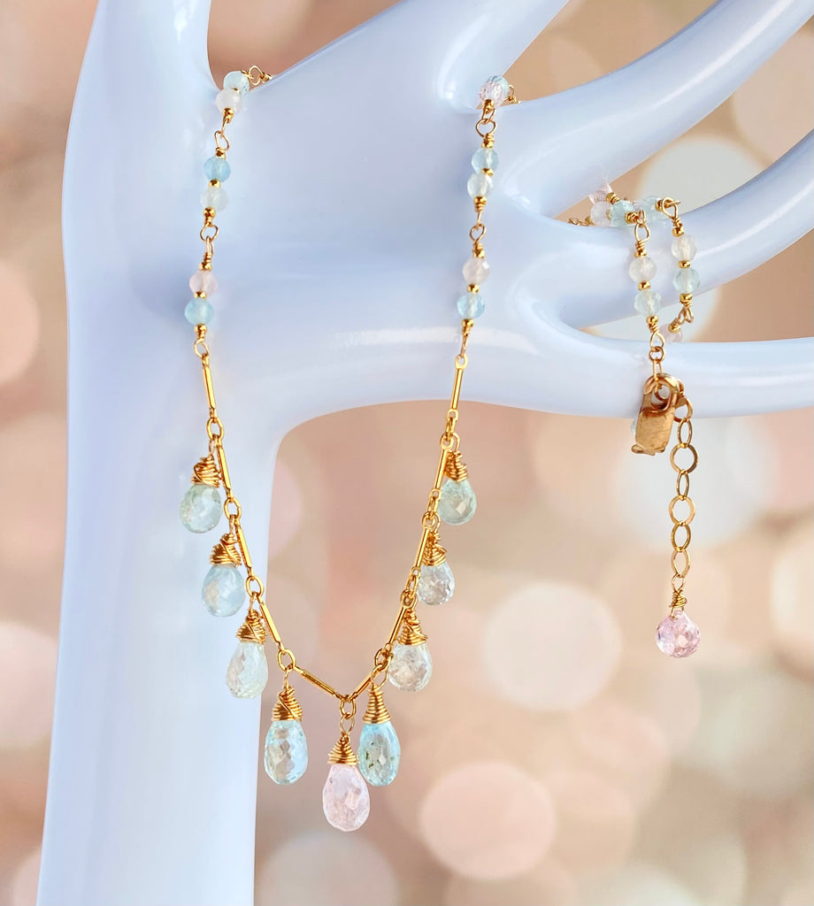 Aquamarine Morganite Dainty Dangle Necklace Gold Fill