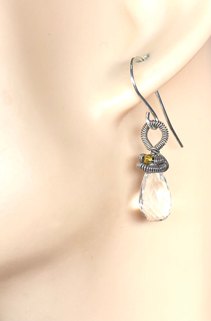 Crystal Quartz Dangle Drop Earrings, Oxidized Silver Mixed Metal