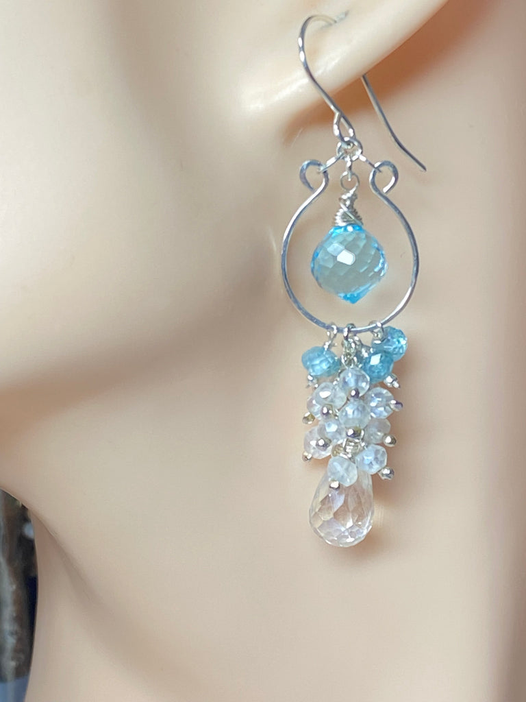  Blue topaz quartz onion briolettes centered in hand-forged sterling silver chandelier hoop earrings shown on mannequin ear for size reference