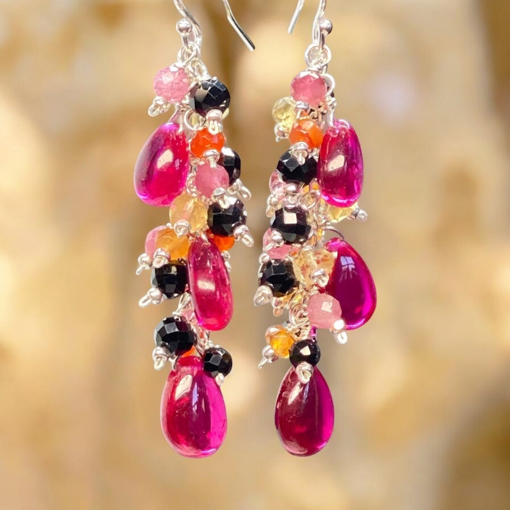 Rubellite Multi Gemstone Long Dangle Earrings Sterling Silver