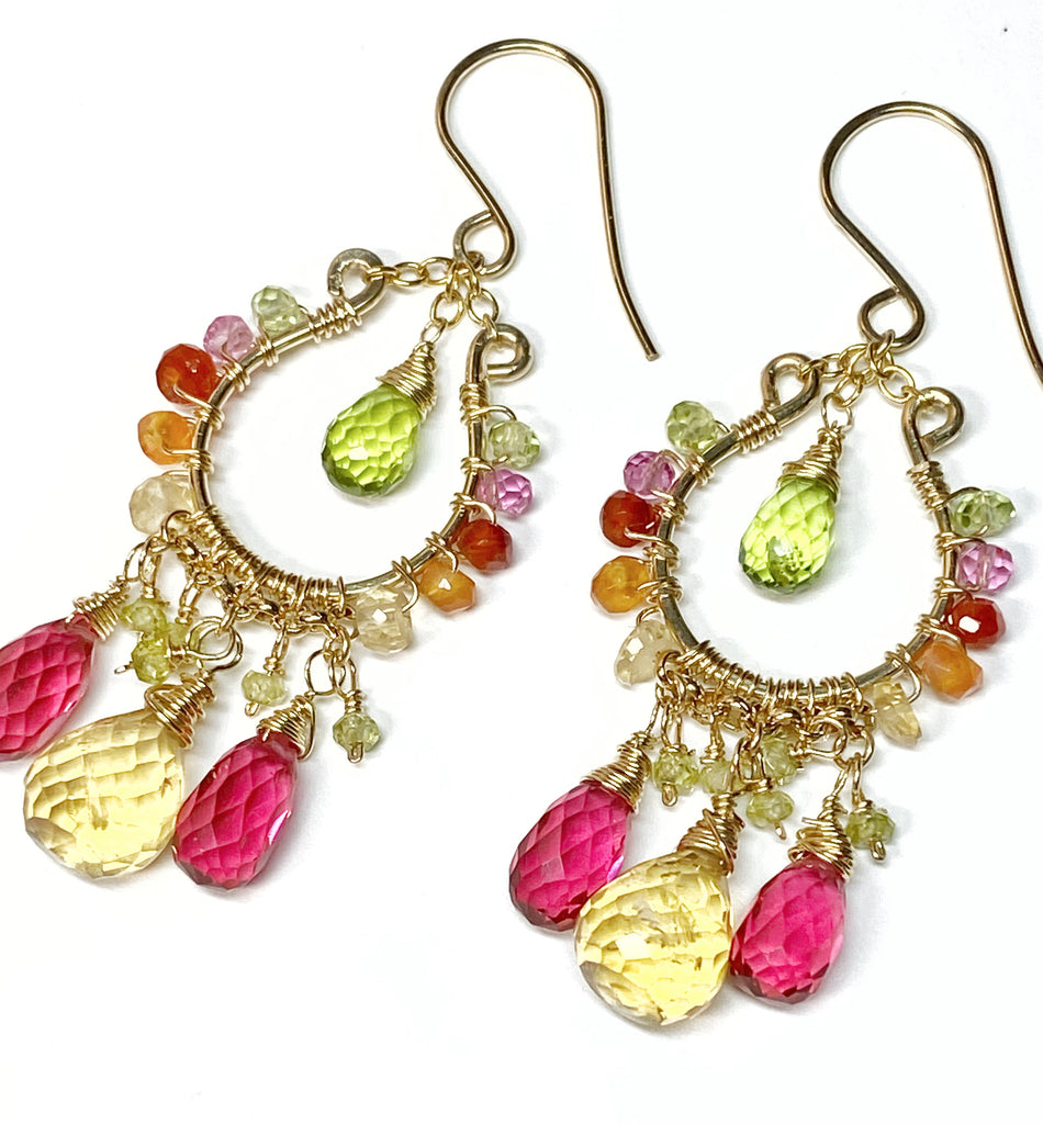 Colorful Gemstone Chandelier Earrings:  Peridot, Citrine, Fuchsia Pink Quartz, Gold Fill