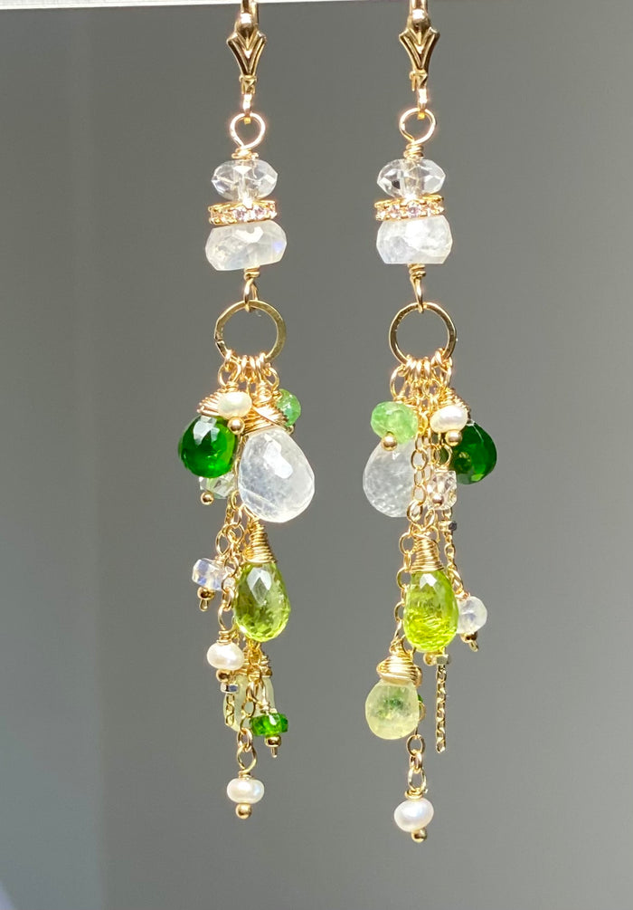 Green Gemstone Boho Dangle Earrings Peridot Chrome Diopside Tsavorite Gold 2