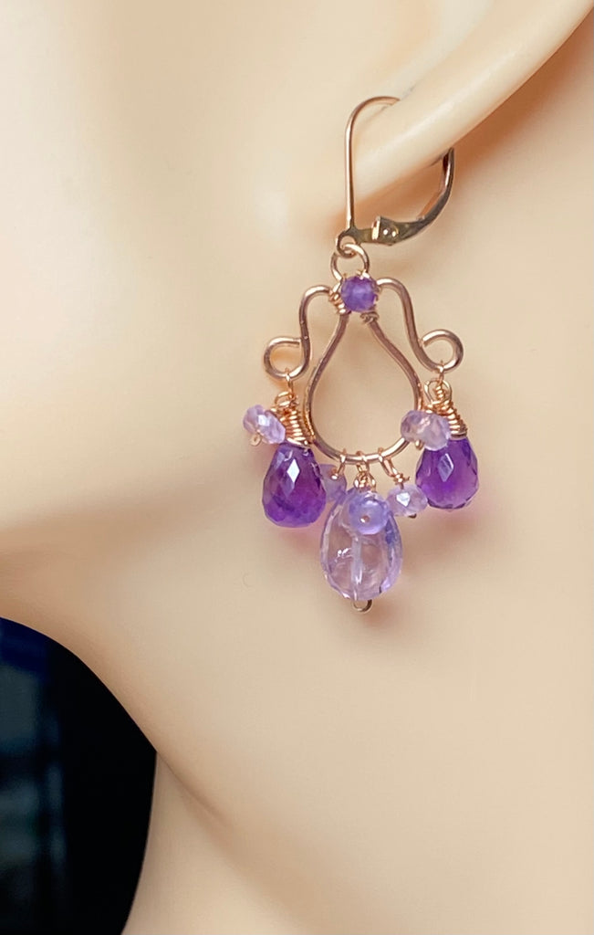 Lavender Pink Amethyst Gemstone Chandelier Earrings Rose Gold Fill - Doolittle